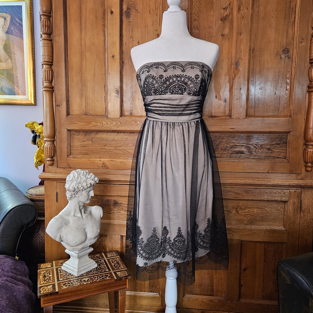 Elegant Black and Cream Strapless Dress With Sheer Embroidered Overlay.